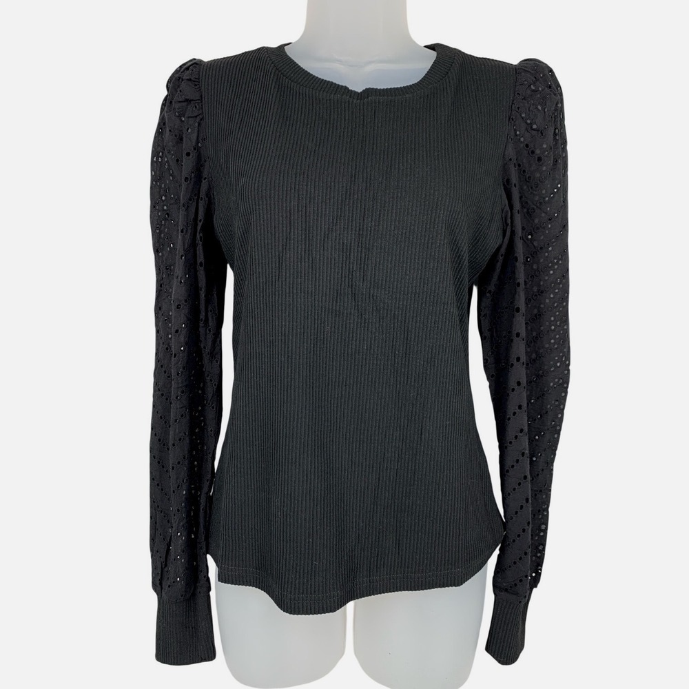 MEROKEETY Small Black Ribbed Top Puff Sleeve Eyelet Casual Stretch